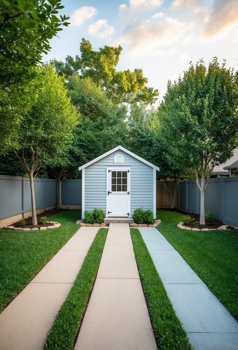 A small shed sits in a backyard, surrounded by trees. Three different pathways lead to the shed, each with its own unique design and landscaping