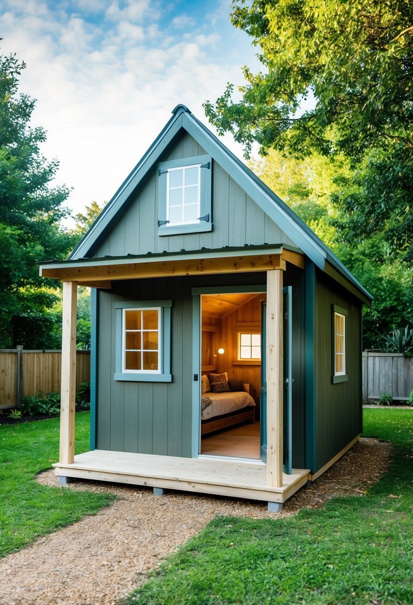 A rustic shed with a pitched roof and a small porch, surrounded by trees and a garden. Windows and a door have been added, with a cozy interior visible through the open door