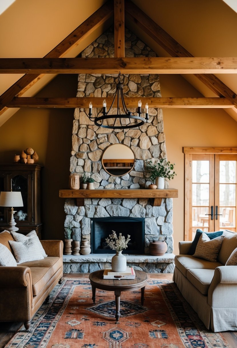 A cozy living room with a stone fireplace, wooden beams, and a warm color palette. A handmade rug and vintage furniture complete the rustic decor