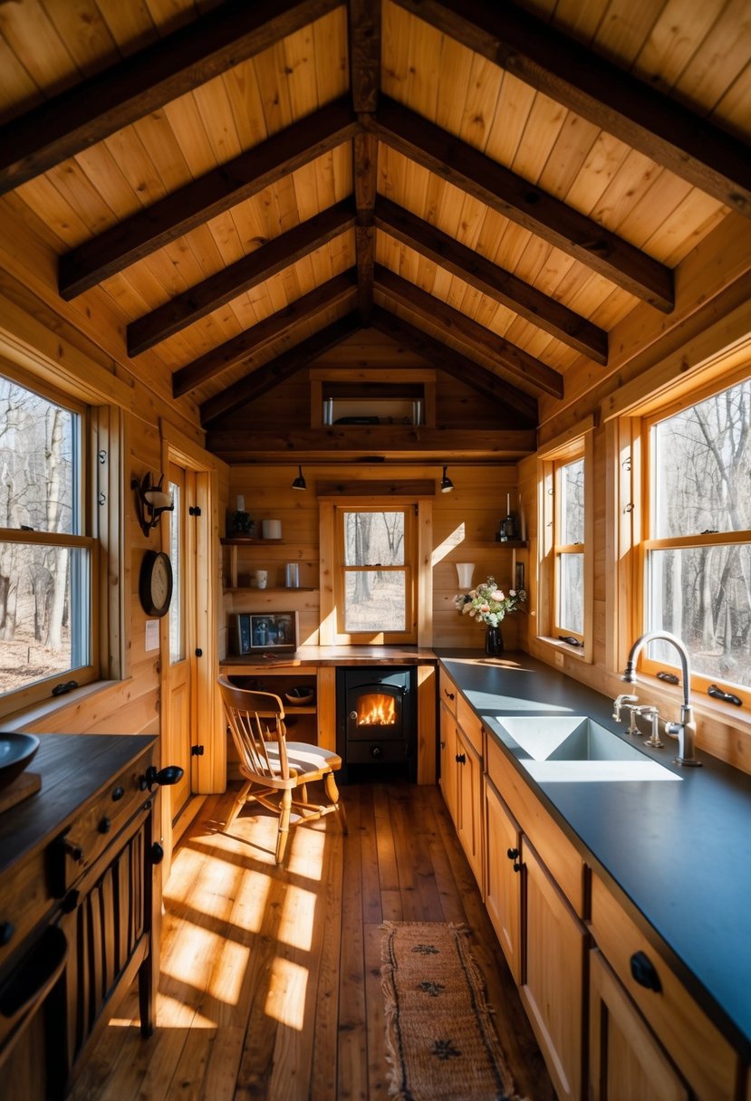 A cozy, rustic tiny home interior with exposed wooden beams, a small fireplace, and vintage furniture. Sunlight streams through the windows, casting warm shadows on the worn hardwood floors