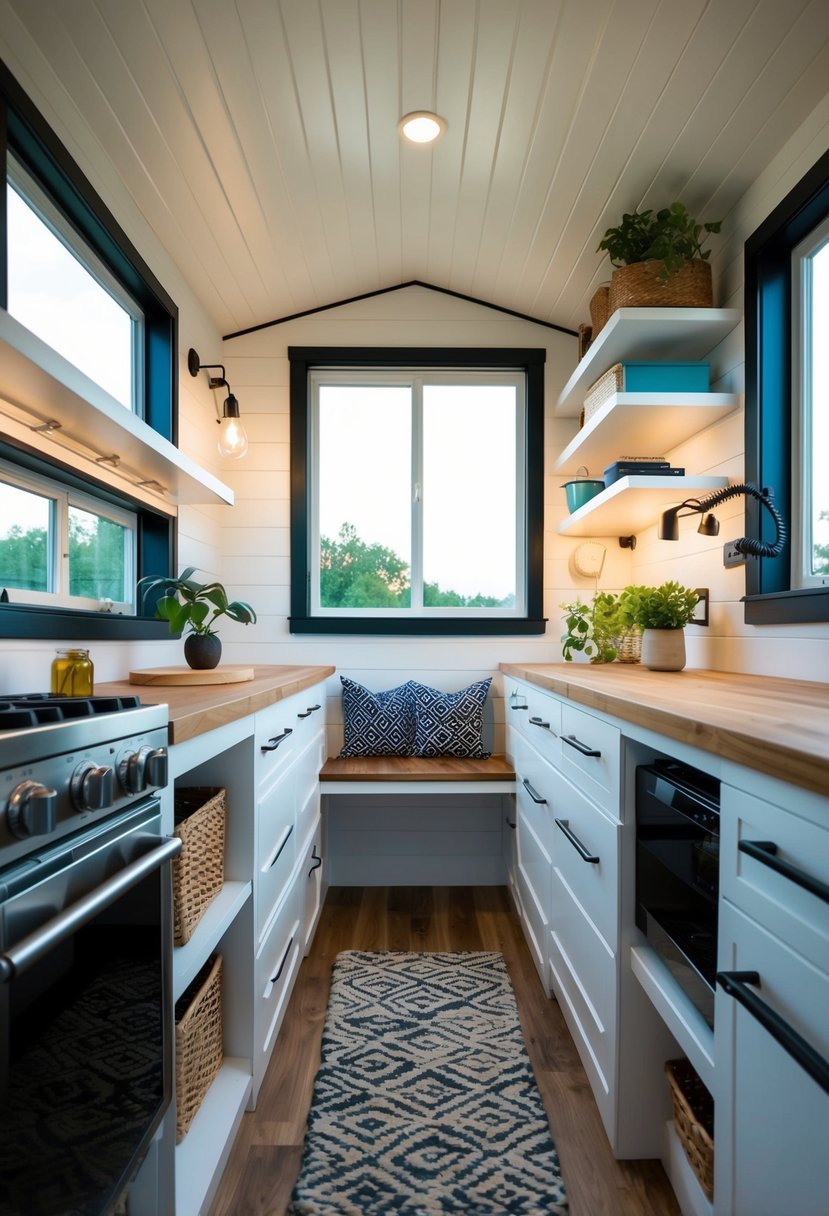 A cozy tiny home with clever storage solutions: under-bed drawers, wall-mounted shelves, and multi-functional furniture maximizing space