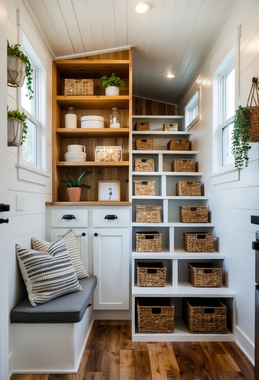 A cozy tiny home with clever storage solutions: built-in shelves, under-stair drawers, hanging baskets, and multi-functional furniture