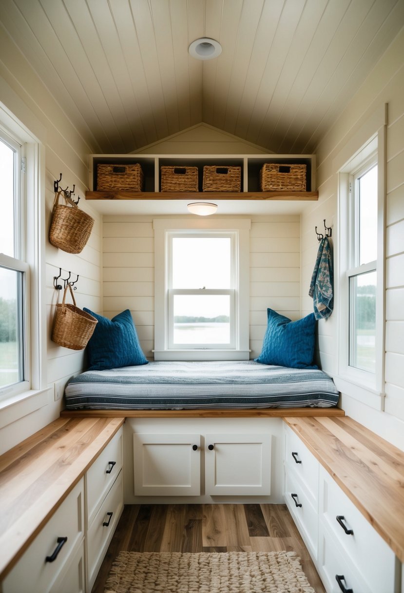 A cozy tiny home with clever storage solutions: built-in shelves, under-bed drawers, hanging baskets, and wall-mounted hooks for organization