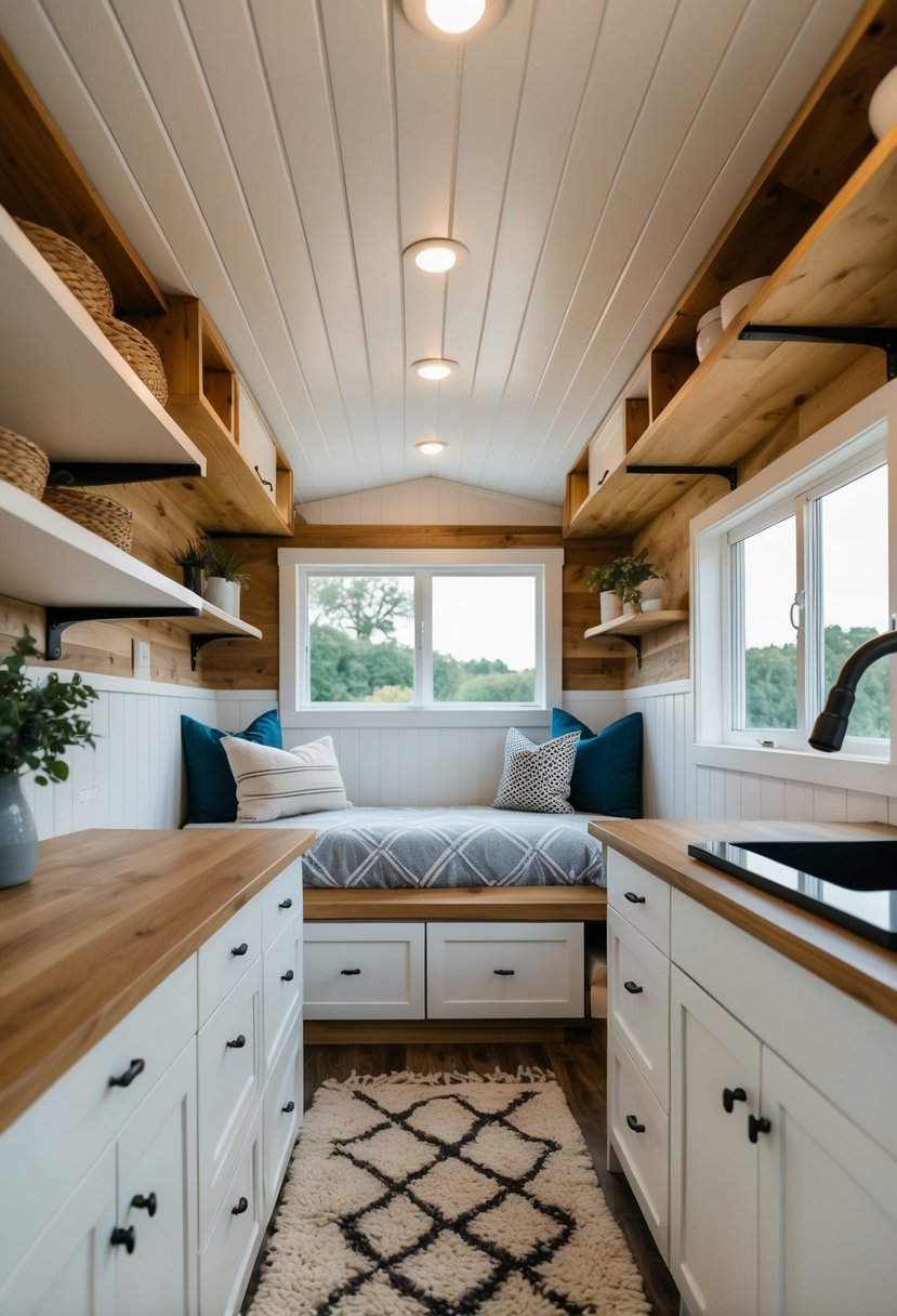 A cozy tiny home with clever storage solutions: under-bed drawers, wall-mounted shelves, and multi-functional furniture maximizing space