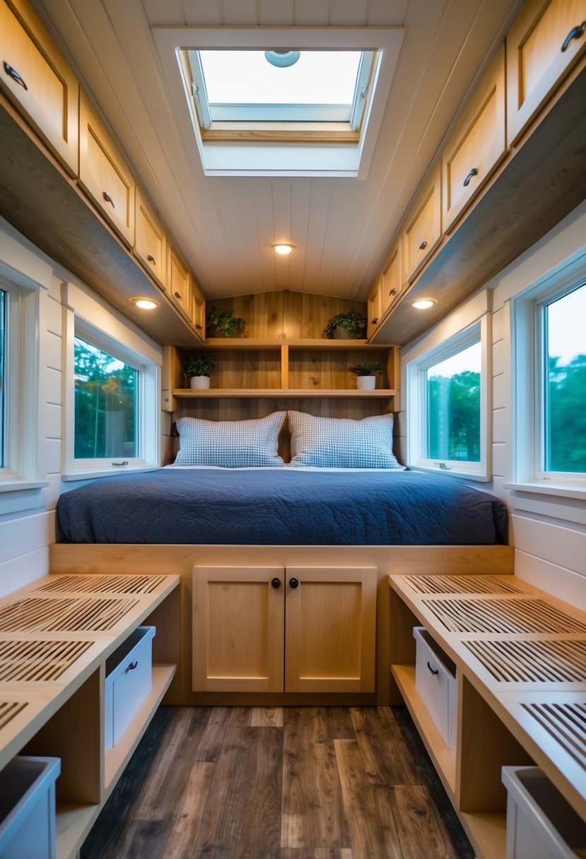 A cozy tiny home interior with creative storage solutions, including built-in shelving, under-bed drawers, and overhead compartments