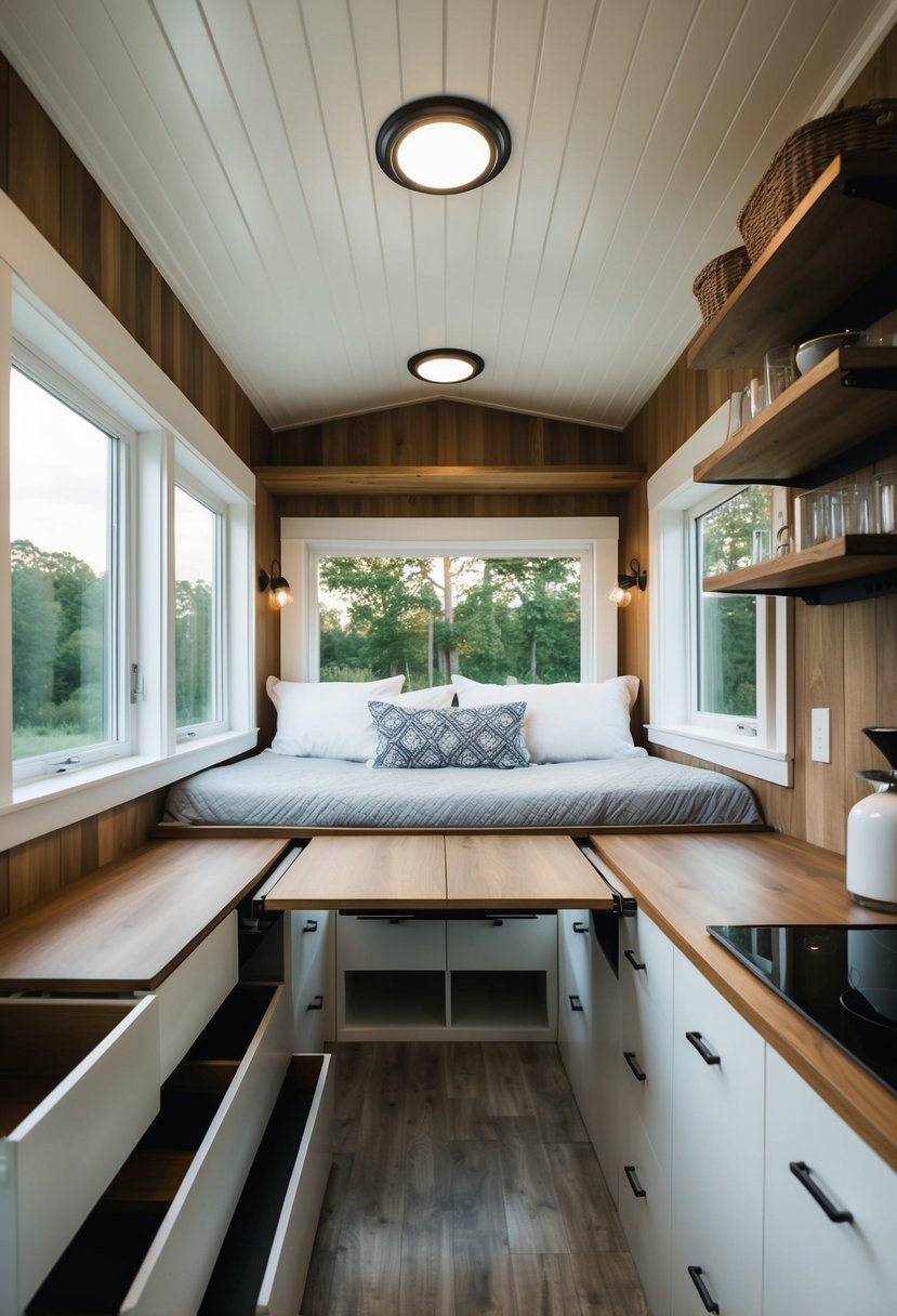 A cozy tiny home with clever built-in storage solutions, including under-bed drawers, wall-mounted shelves, and a fold-down dining table with hidden compartments