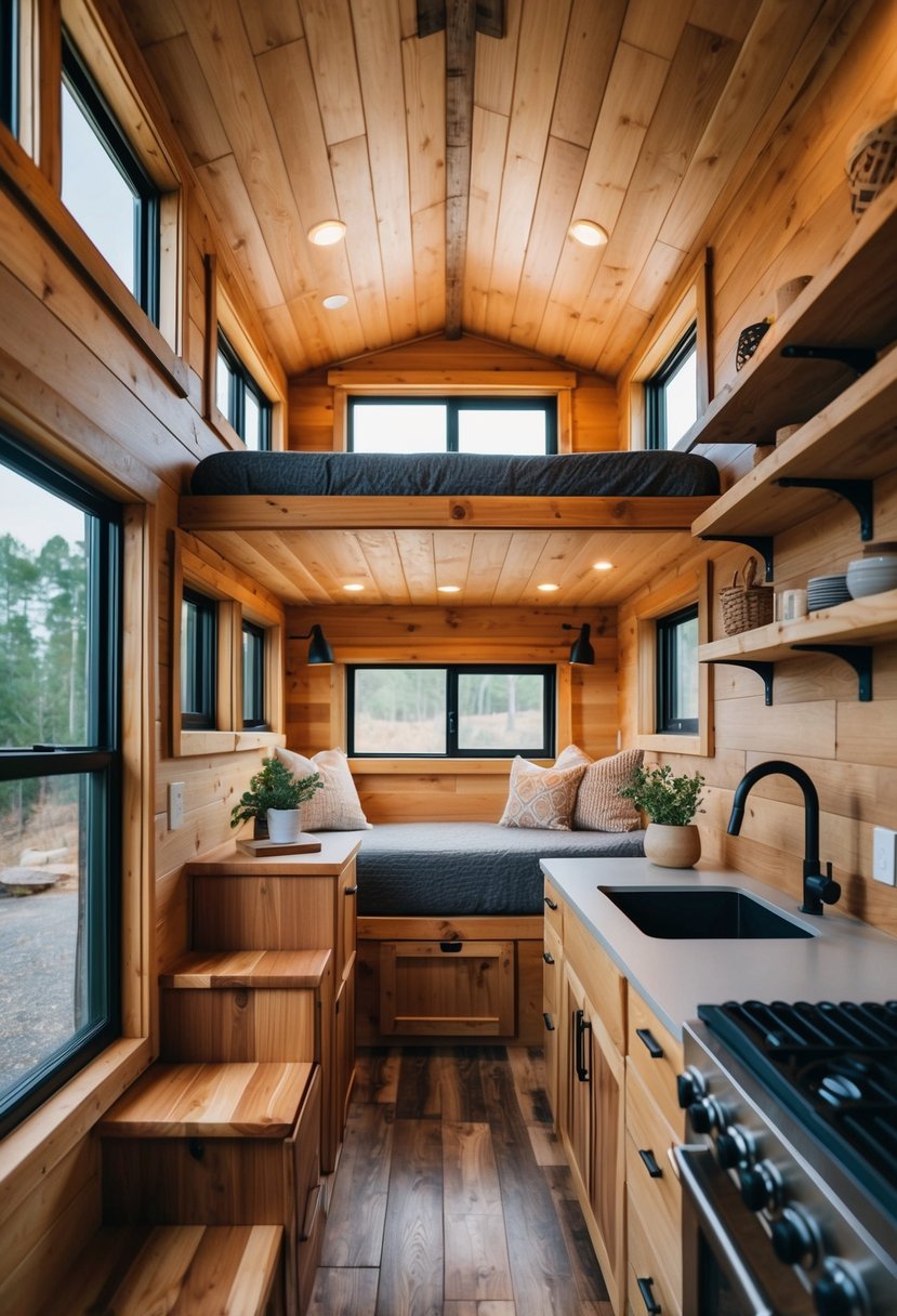 A cozy, rustic tiny house interior with multifunctional furniture, natural wood finishes, and stylish decor. A lofted bed maximizes space, while a warm color palette creates a welcoming atmosphere