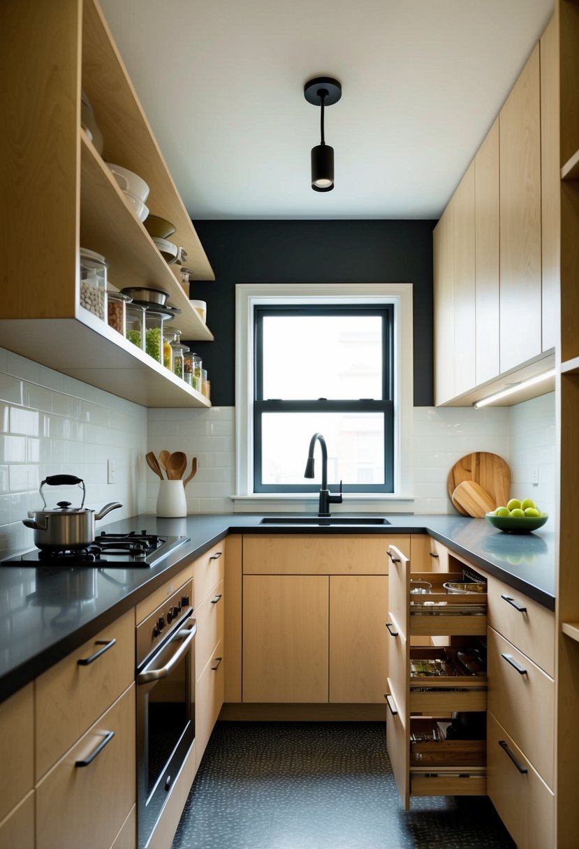 A tiny kitchen with clever storage solutions: wall-mounted shelves, under-counter drawers, and pull-out pantry racks maximize space in the compact area