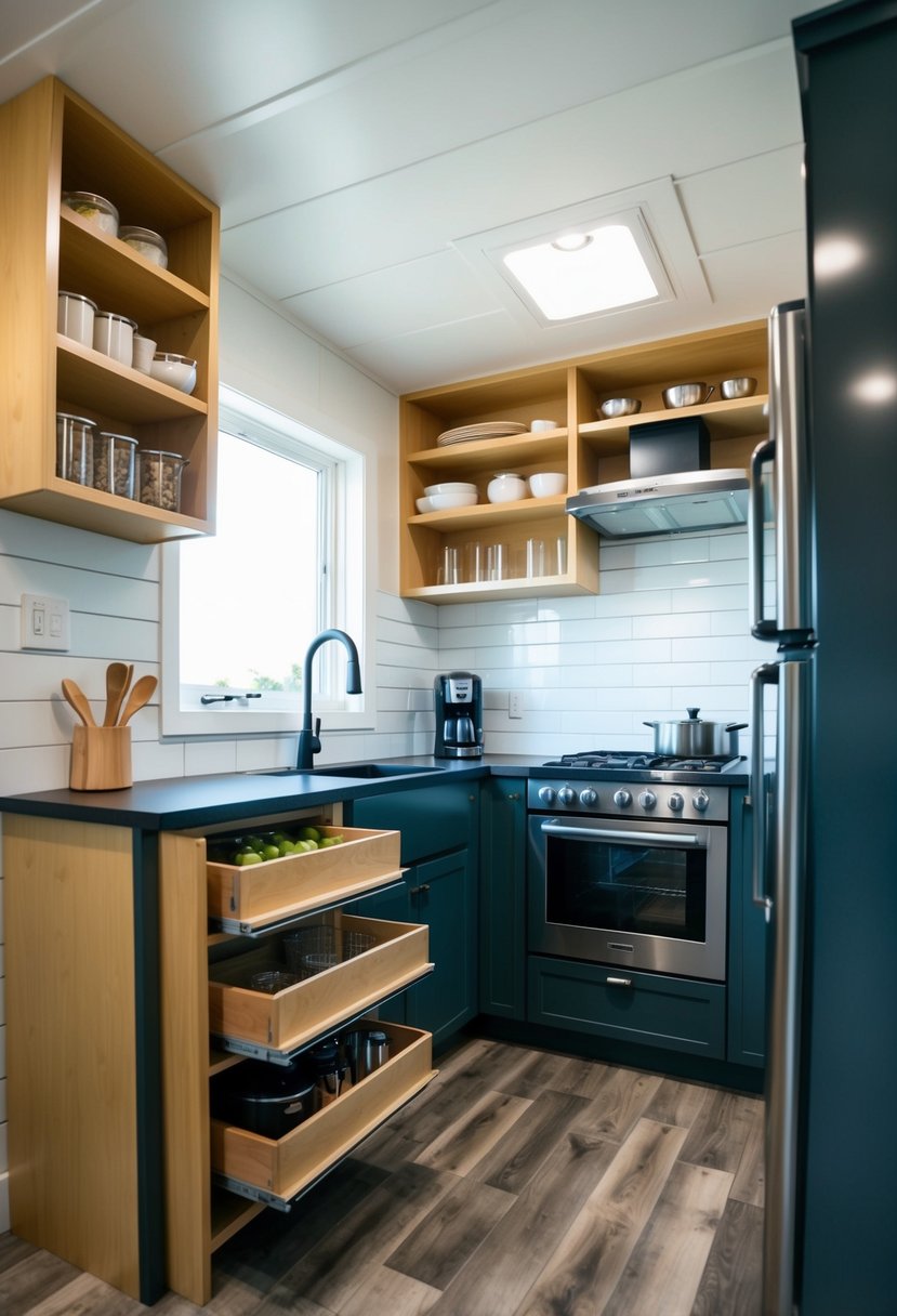 A compact kitchen with clever storage solutions, including pull-out shelves, hanging racks, and built-in organizers, maximizing space in a tiny house