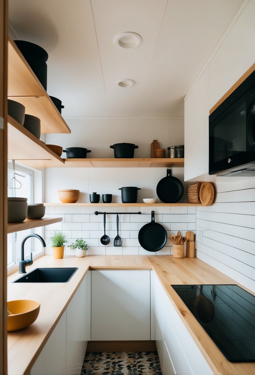 A compact kitchen with open shelves and hanging pots, minimalistic design with clever storage solutions for a tiny house