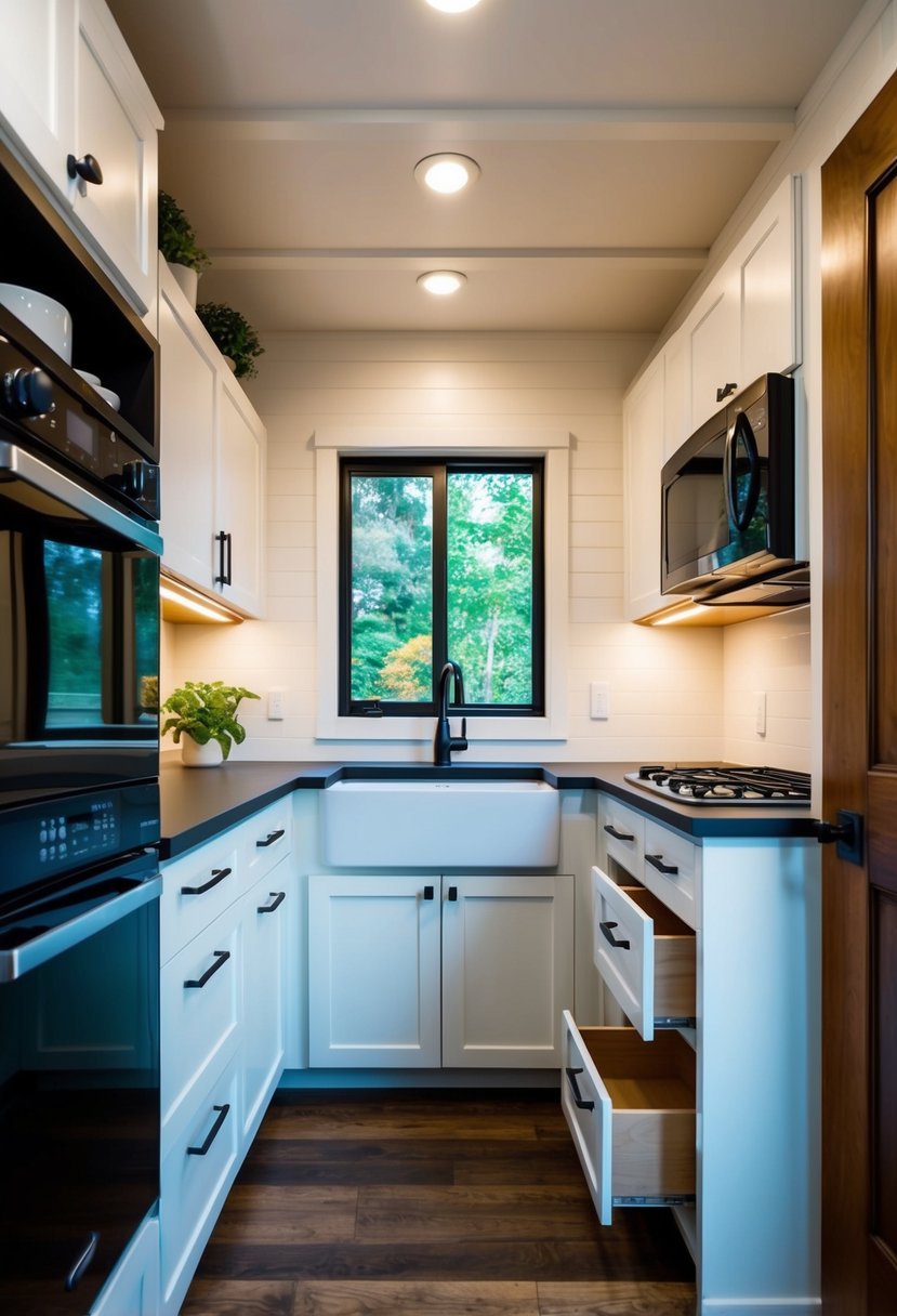 A compact kitchen with clever storage solutions: sleek cabinets, pull-out drawers, and hidden shelves maximize space in a tiny house