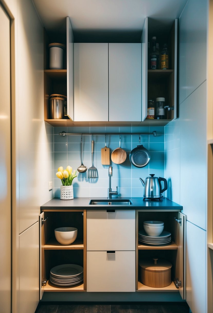 A compact kitchen with clever storage solutions, including hanging racks, under-counter shelves, and fold-out cabinets