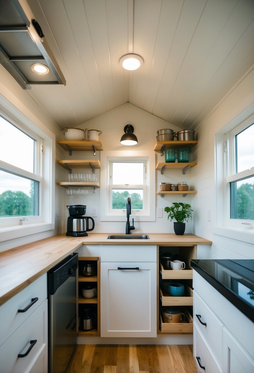 A compact kitchen in a tiny home, featuring creative storage solutions such as hanging racks, shelves, and pull-out drawers to maximize space