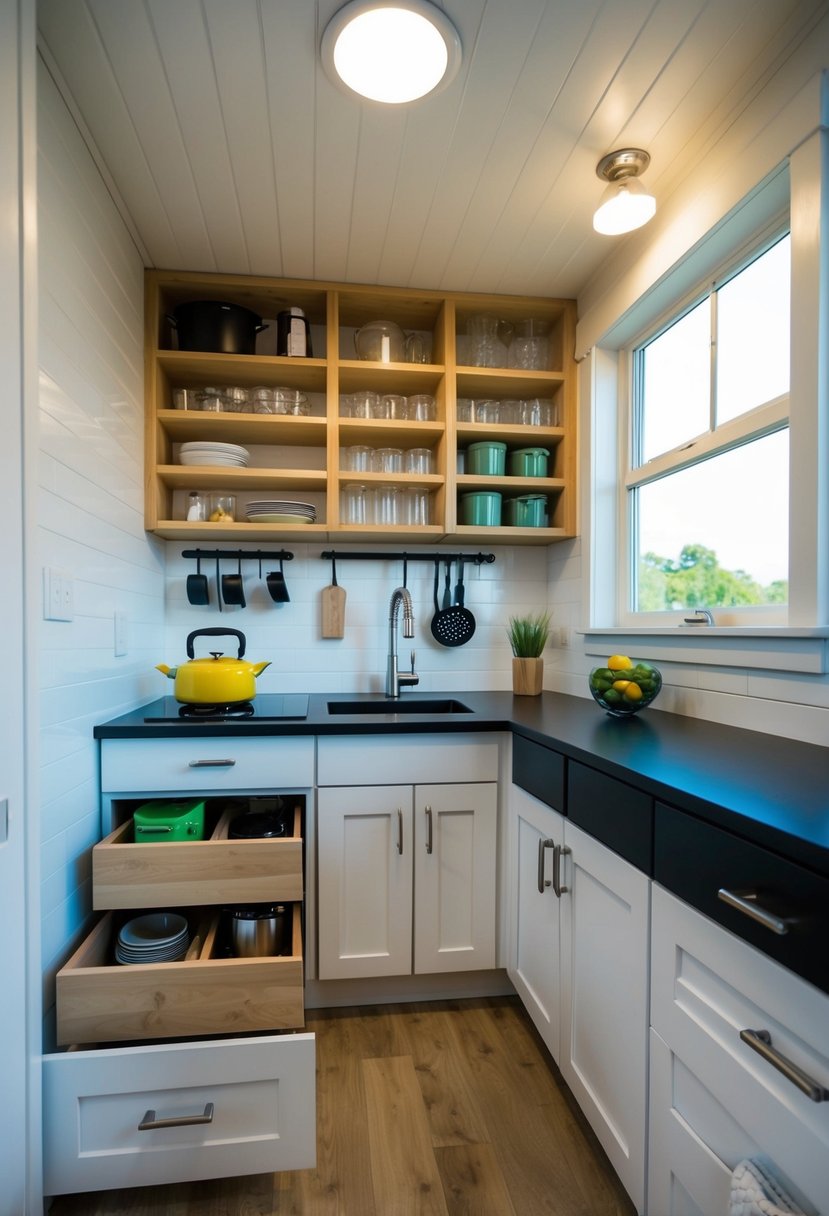 A compact kitchen with clever storage solutions, including hanging racks, pull-out drawers, and built-in shelving for a tiny house