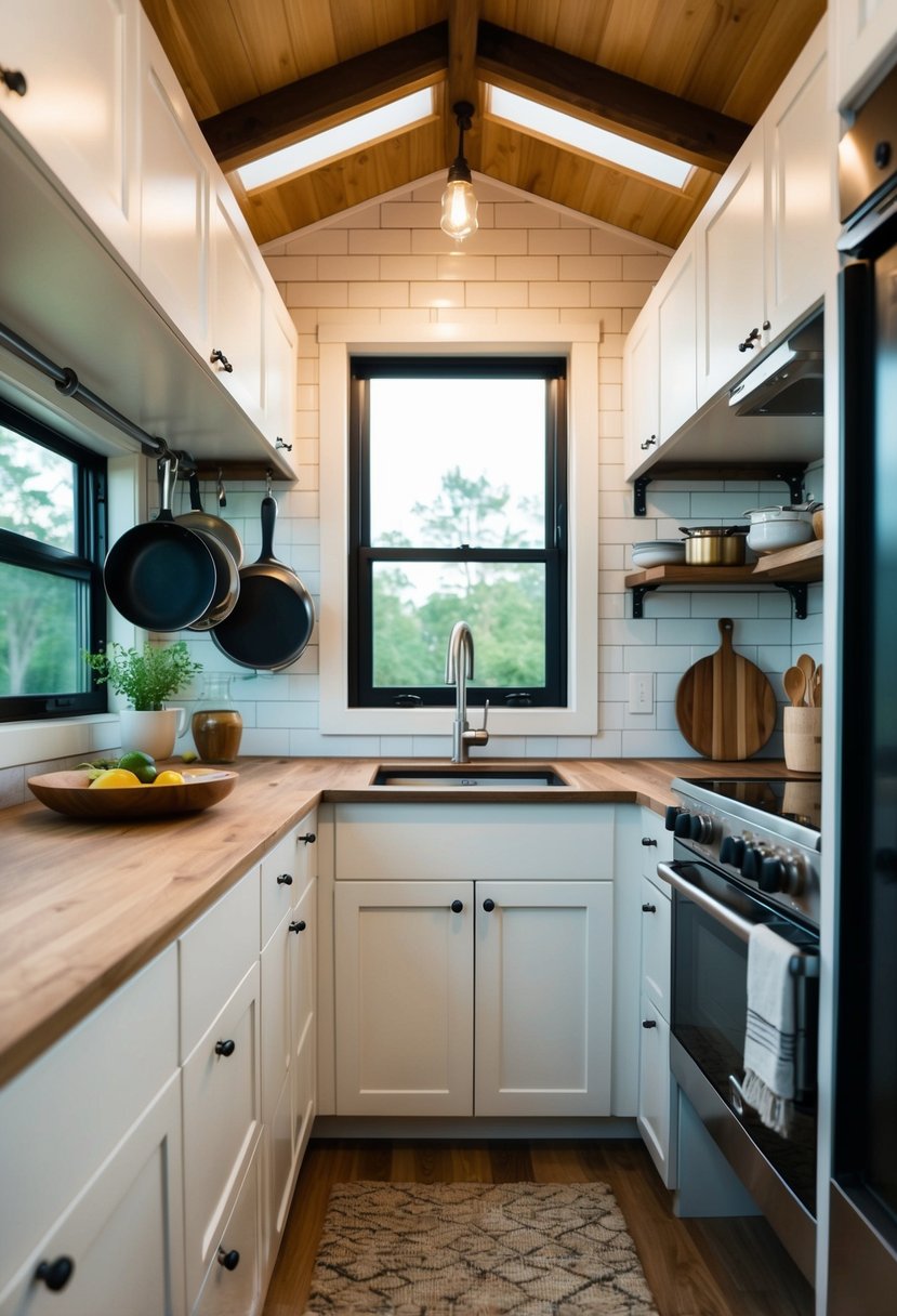 A compact kitchen with clever storage solutions: hanging pots and pans, sliding shelves, and built-in cabinets maximize space in a tiny house