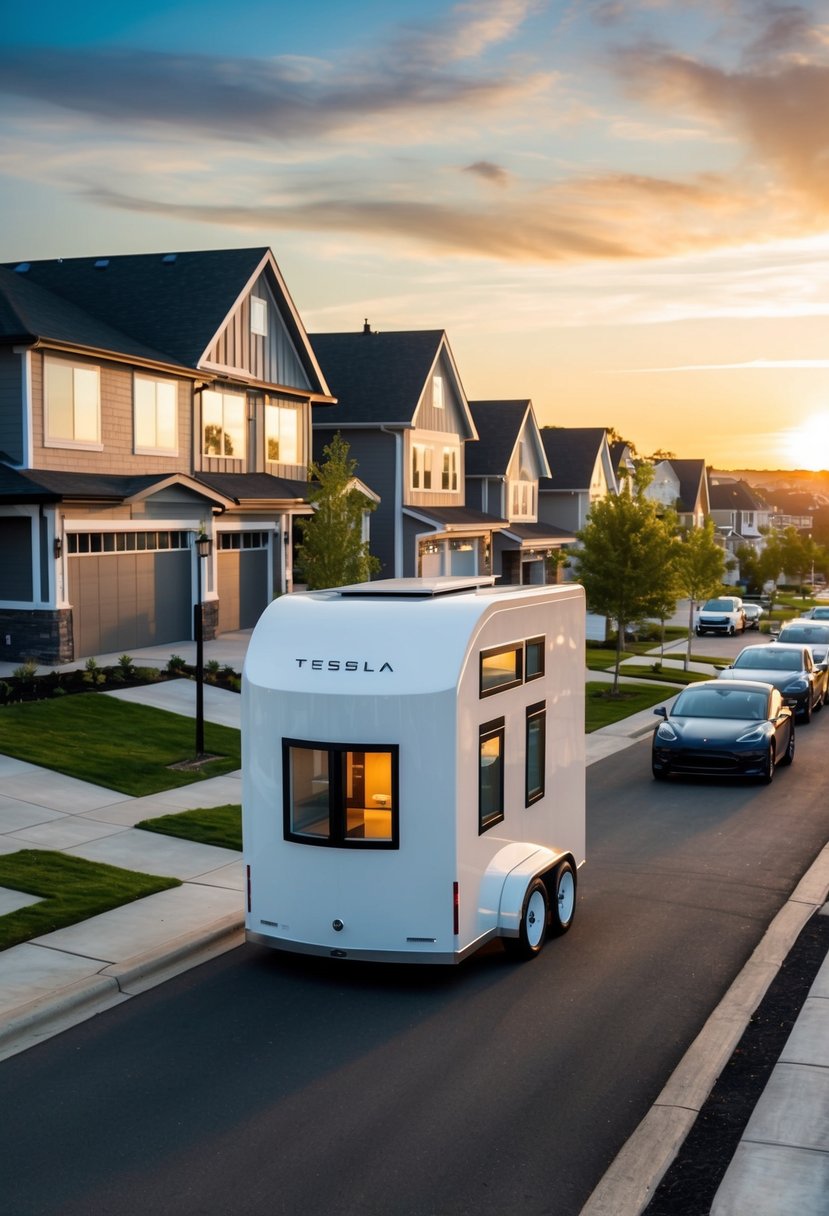 A bustling suburban street with a row of modern homes, one of which is a sleek Tesla tiny house on wheels. The sun is setting, casting a warm glow on the neighborhood