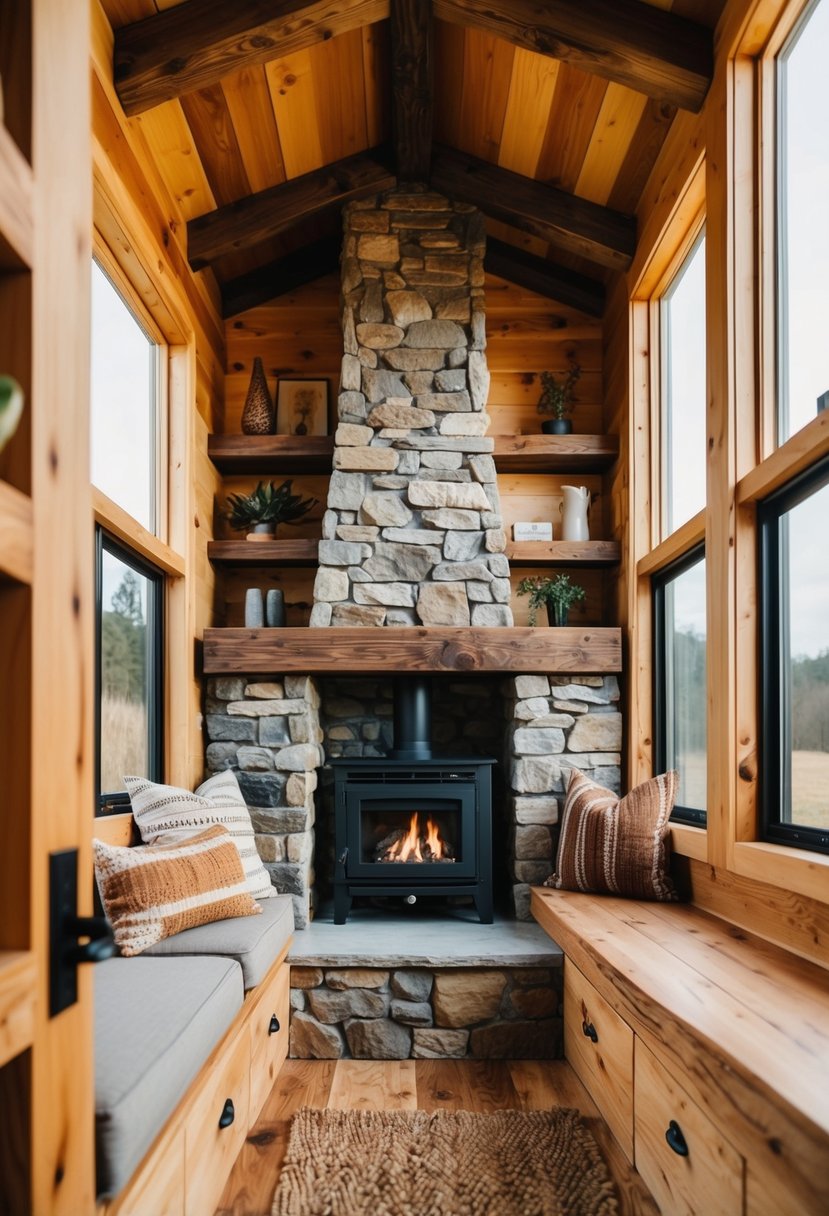 A cozy, rustic tiny house interior with natural wood elements, earthy tones, and organic textures. A stone fireplace, exposed wooden beams, and large windows bring the outdoors inside