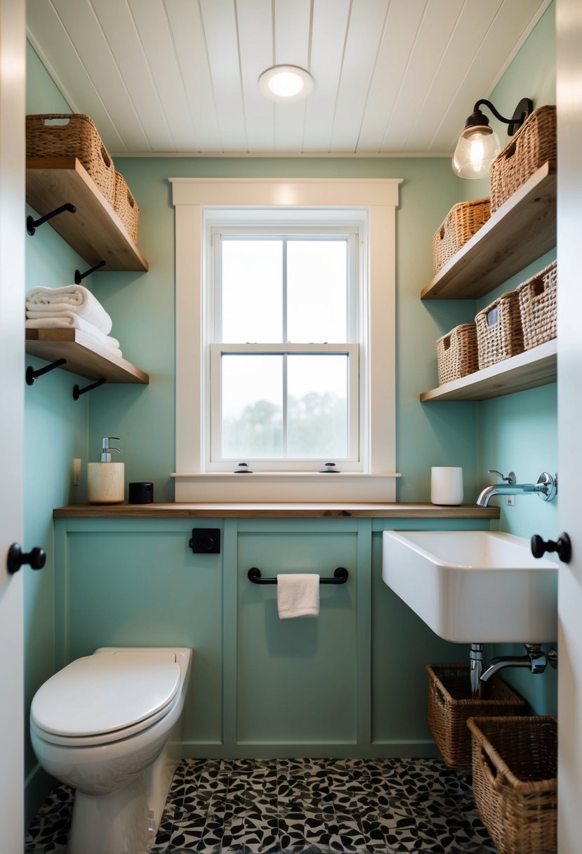 A compact bathroom with clever storage solutions, including shelves, baskets, and hooks, maximizing space in a tiny house