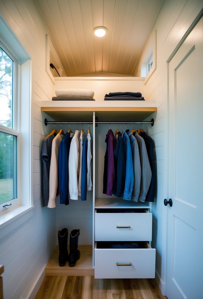 A compact closet with pull-out drawers and hanging space, neatly organizing clothing in a tiny house bedroom