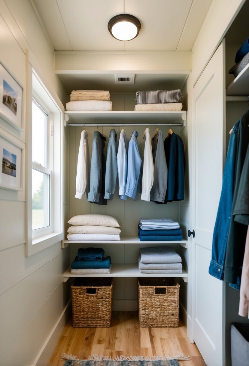 A small, organized closet in a tiny home with neatly folded and hung clothing, utilizing space-saving storage solutions