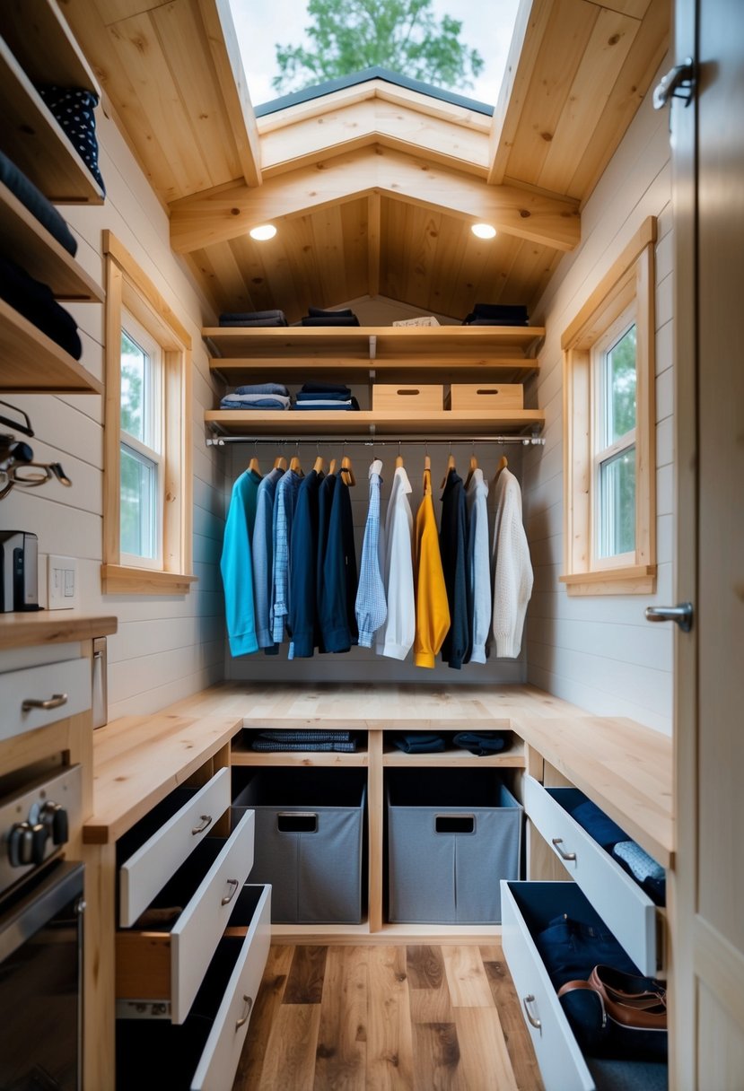 A tiny house with creative clothing storage solutions, including built-in shelves, hanging racks, and under-bed drawers