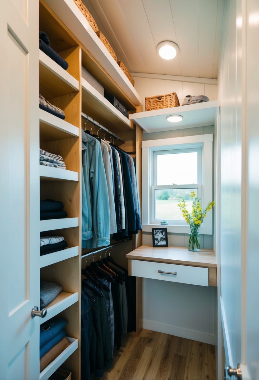 A compact, organized tiny house closet with built-in shelves, hanging rods, and clever storage solutions for clothing and accessories