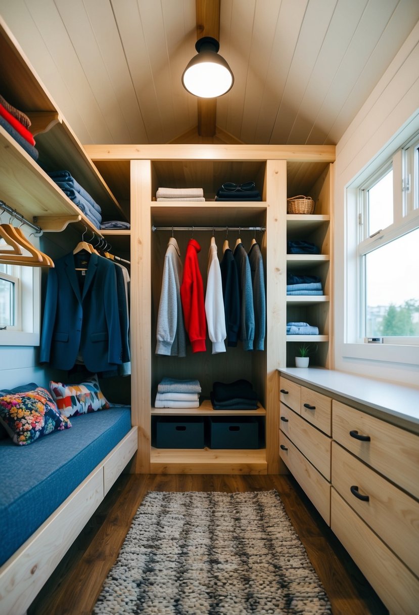 A tiny house with clever clothing storage solutions, including built-in shelves, hanging racks, and under-bed drawers