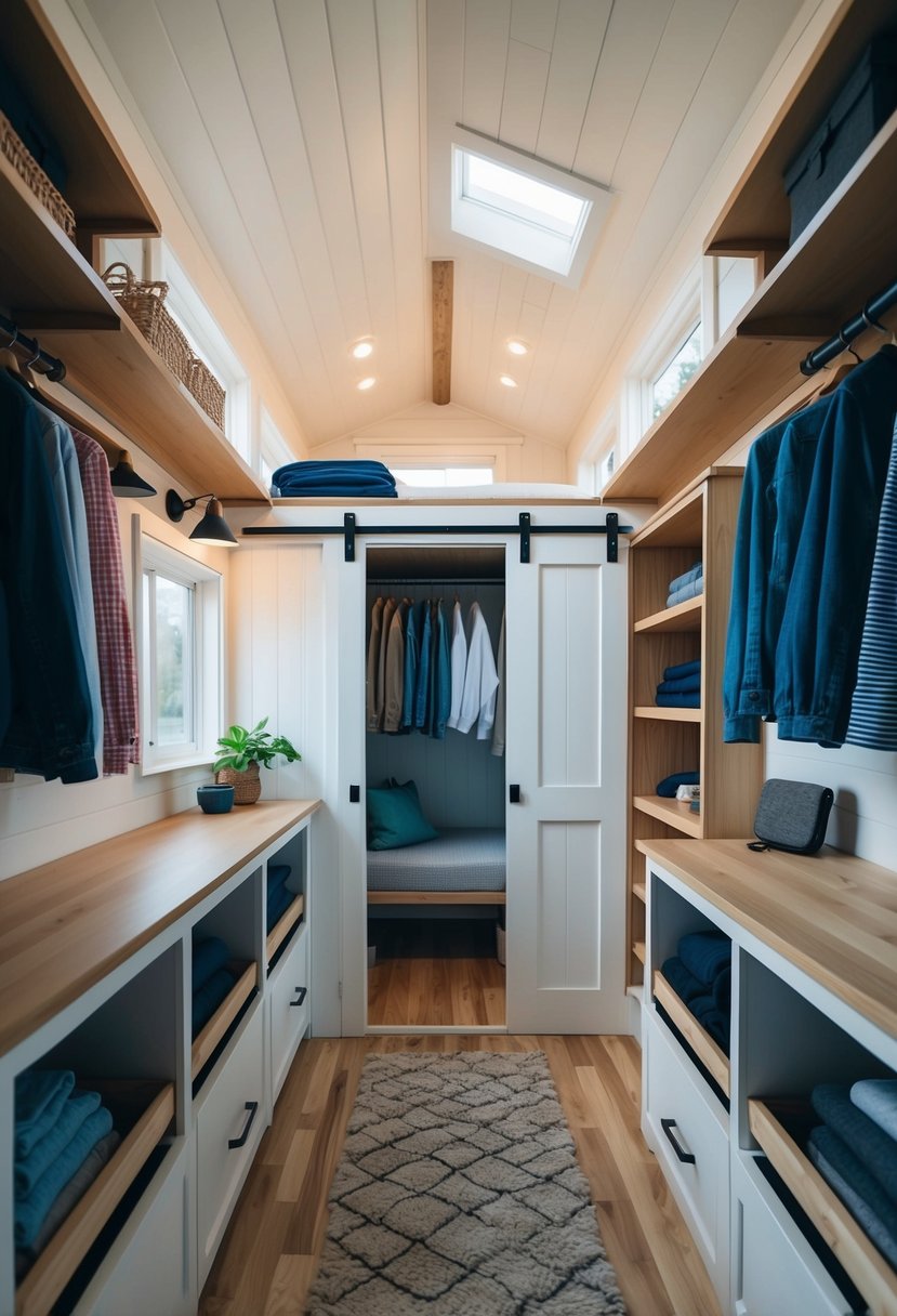 A tiny house with clever clothing storage solutions, such as built-in shelves, hanging racks, and under-bed compartments