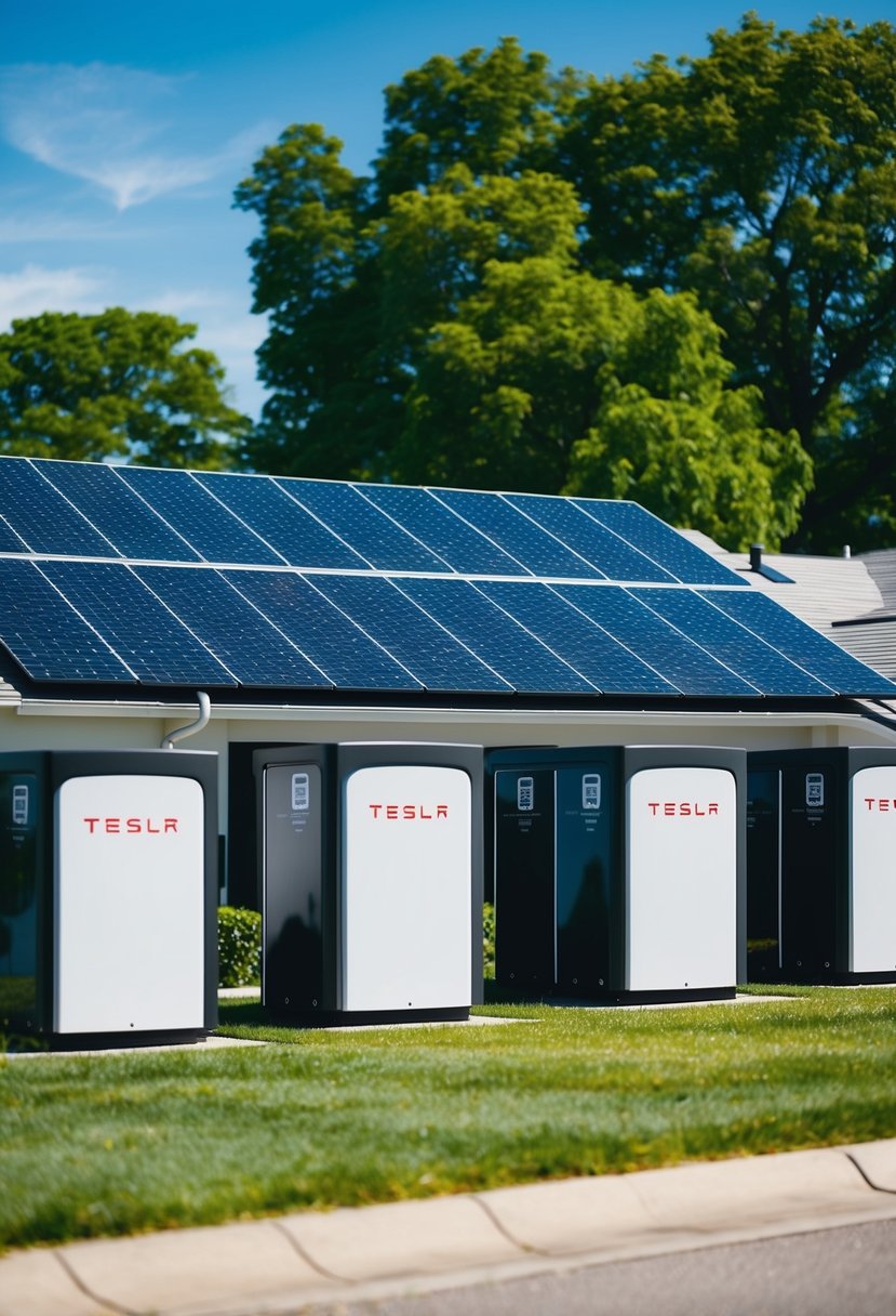 A suburban neighborhood with modern, sleek homes featuring solar panels and Tesla Powerwall batteries, set against a backdrop of green trees and clear blue skies