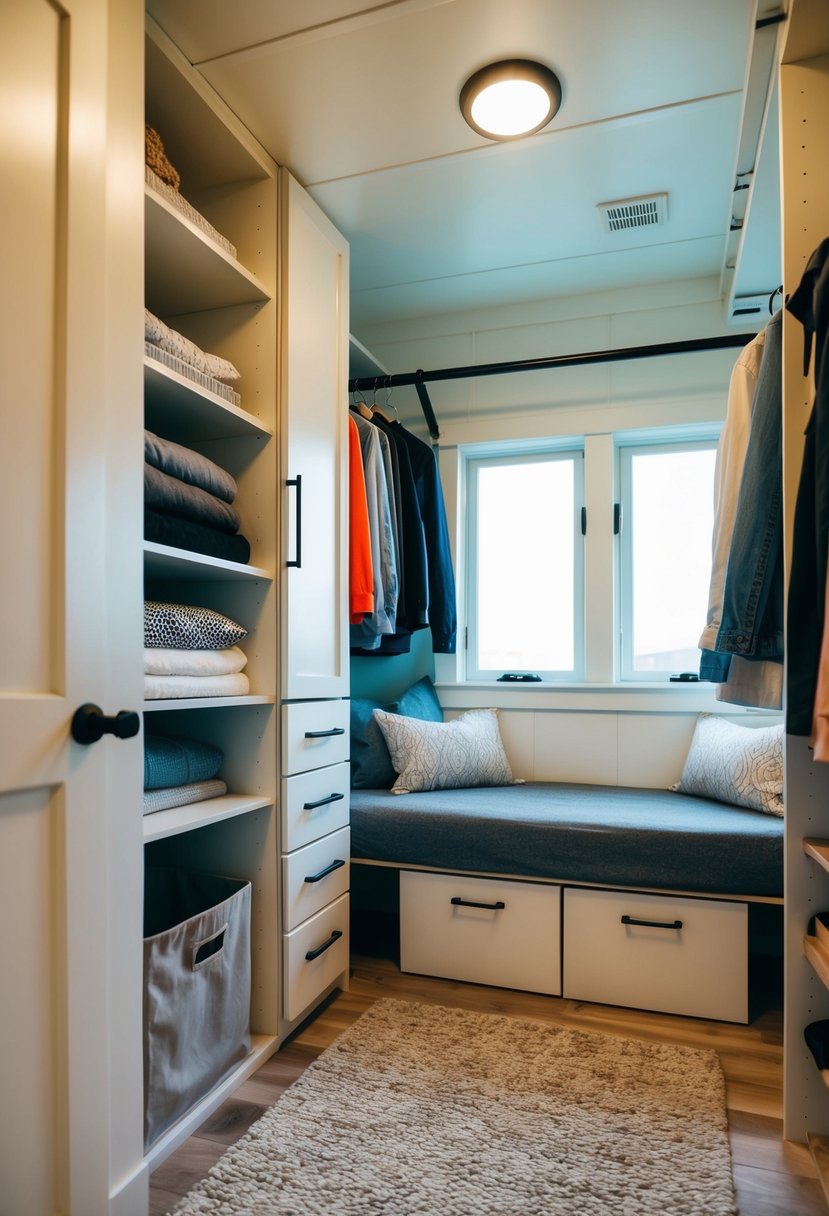 A compact closet with shelves and drawers, under-bed storage, and a hanging rod for clothes in a tiny home