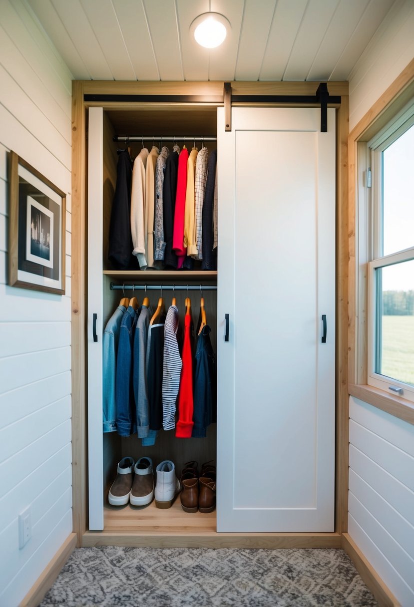 A compact closet with sliding doors holds neatly folded and hanging clothing, shoes, and accessories in a tiny home bedroom