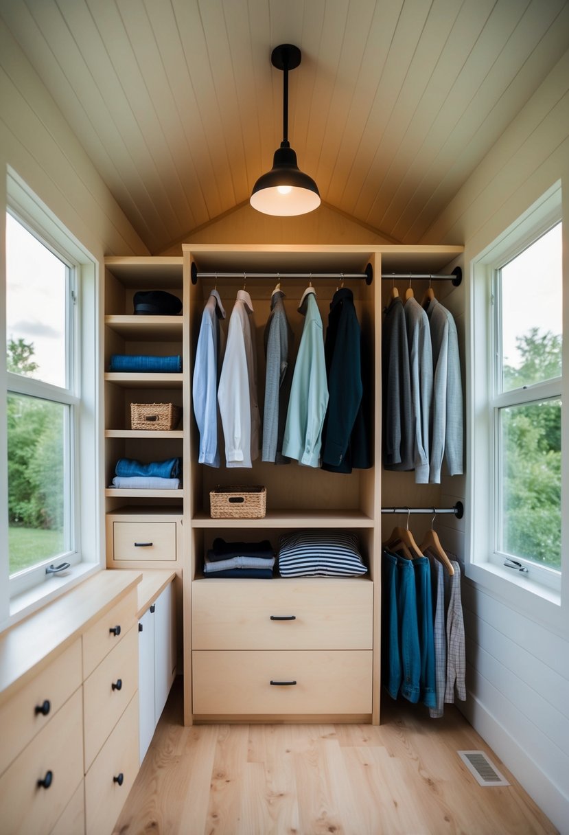 A tiny house with clever clothing storage solutions, including built-in shelves, hanging rods, and under-bed drawers