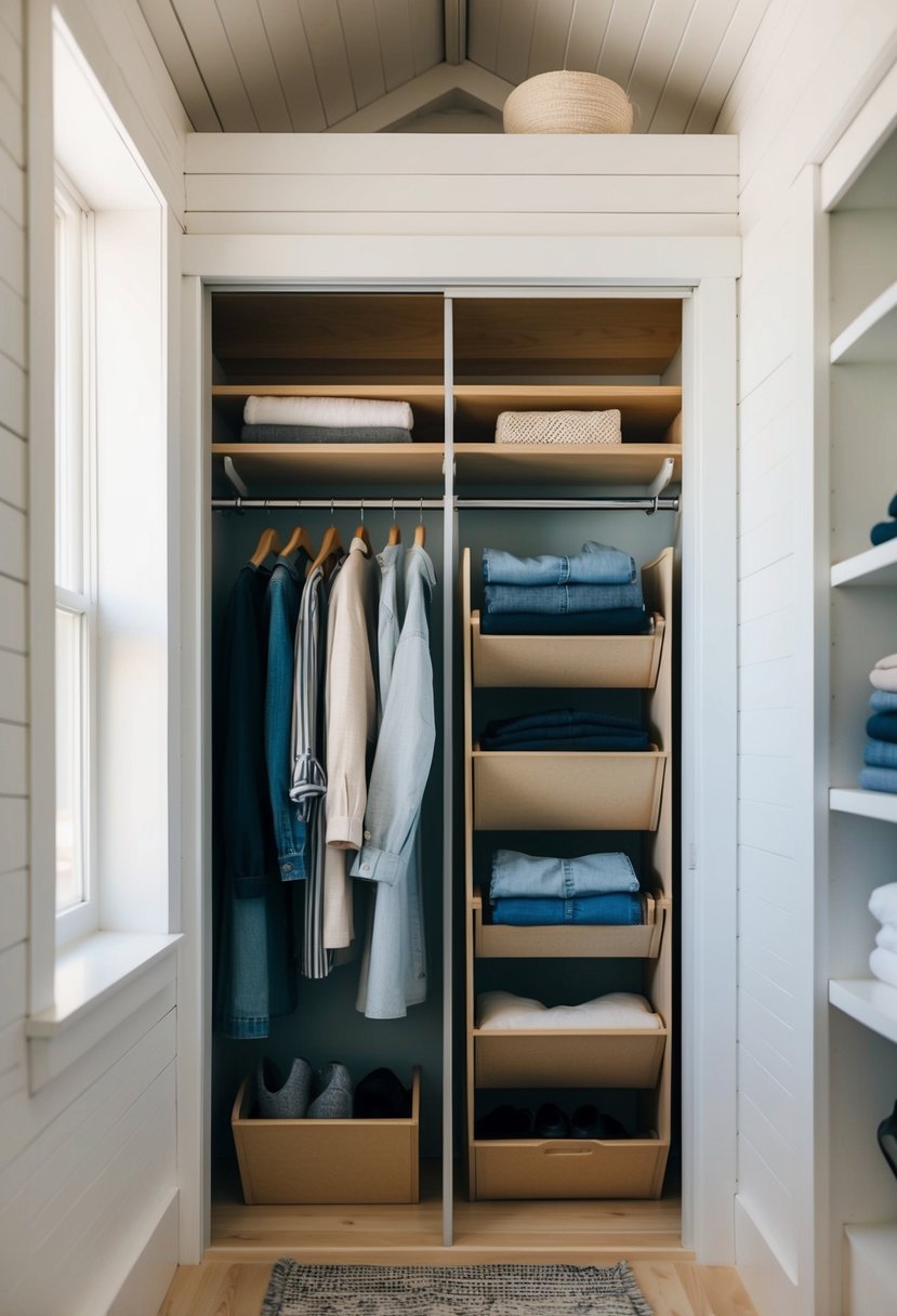 A small, organized closet in a tiny home with clever storage solutions for clothing, including hanging rods, shelves, and foldable compartments