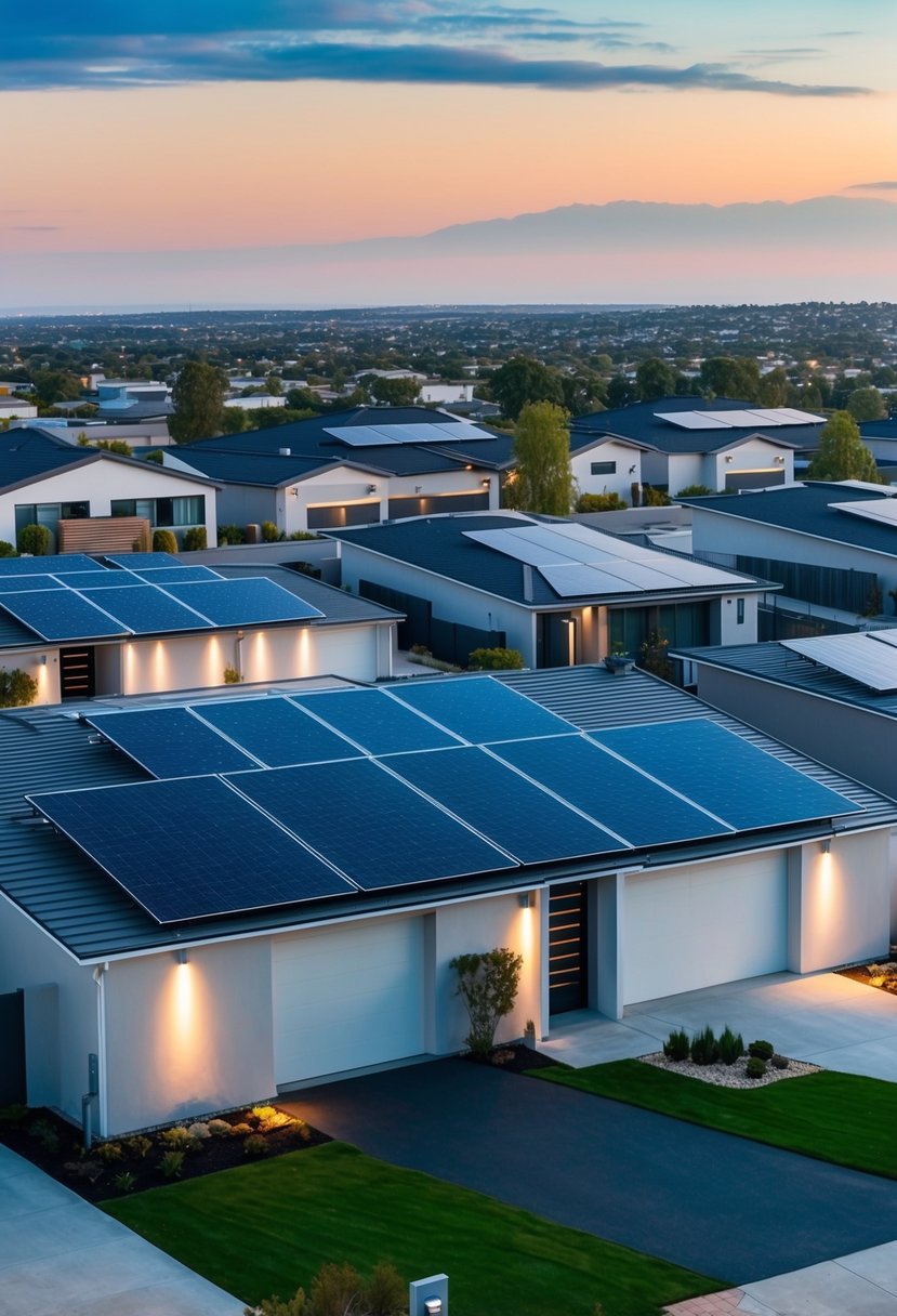 A suburban neighborhood with sleek, modern homes featuring Tesla solar panels and energy storage units