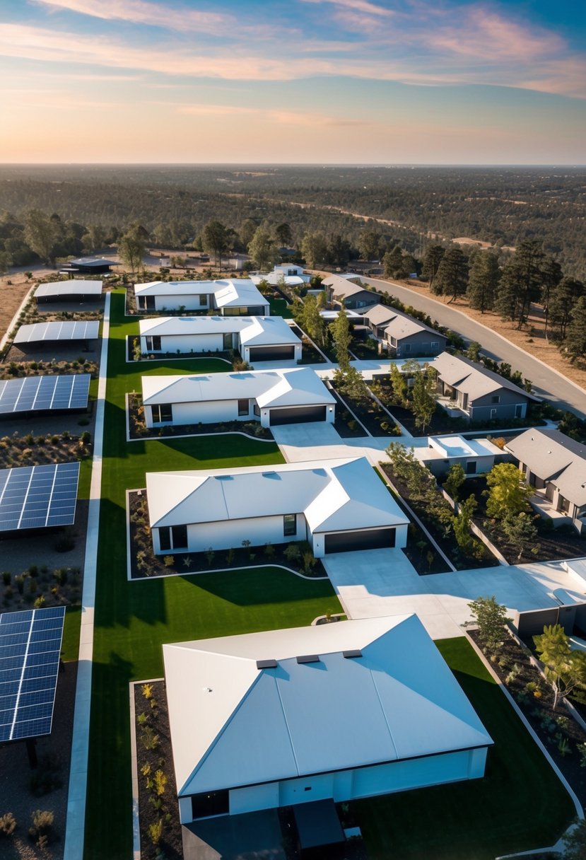 Aerial view of Tesla homes floor plans with modern design, open layouts, and sustainable features like solar panels and energy-efficient appliances