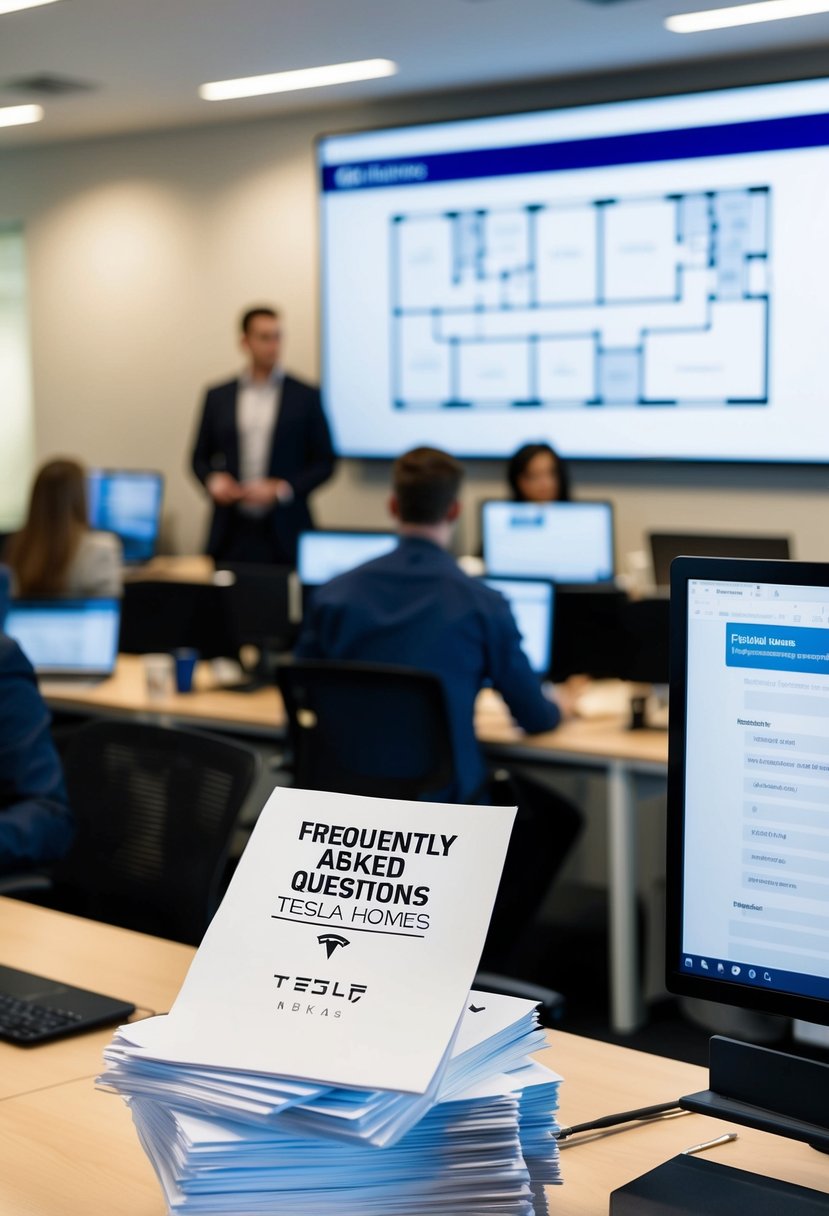 A busy office with people at desks, a large screen displaying floor plans, and a stack of papers labeled "Frequently Asked Questions Tesla homes."