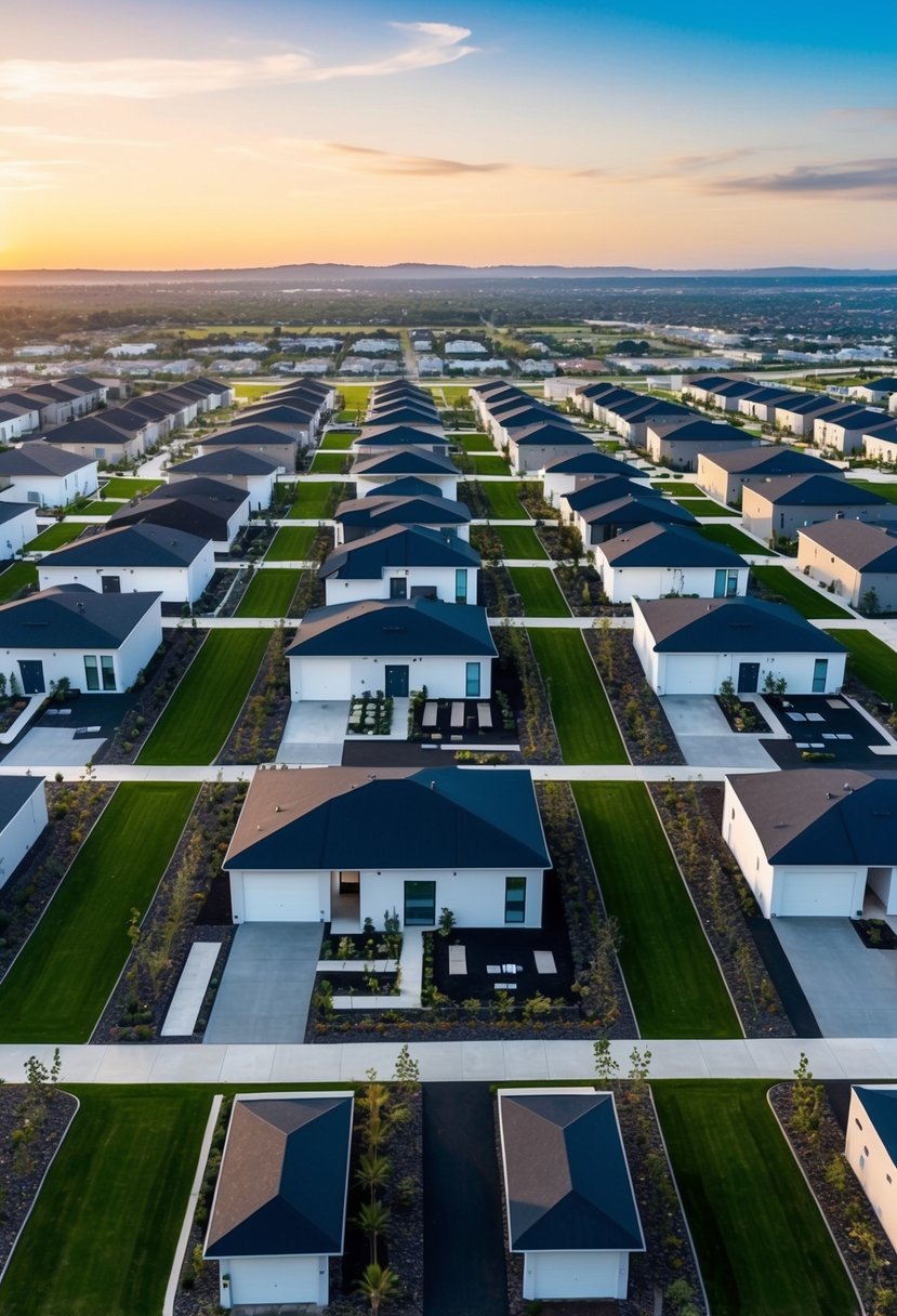 Aerial view of a modern neighborhood with Tesla homes, showcasing various floor plans and landscaping