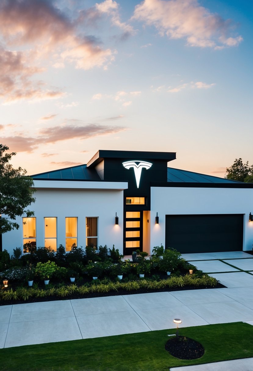 A modern, sleek house with a Tesla logo on the roof, surrounded by lush landscaping and a driveway