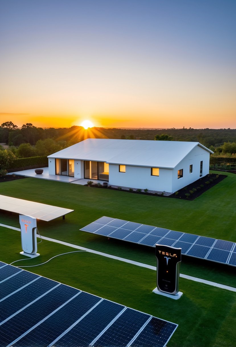 A sleek Tesla home sits on a lush, green property, surrounded by solar panels and a sleek charging station. The sun sets in the background, casting a warm glow over the modern, eco-friendly dwelling