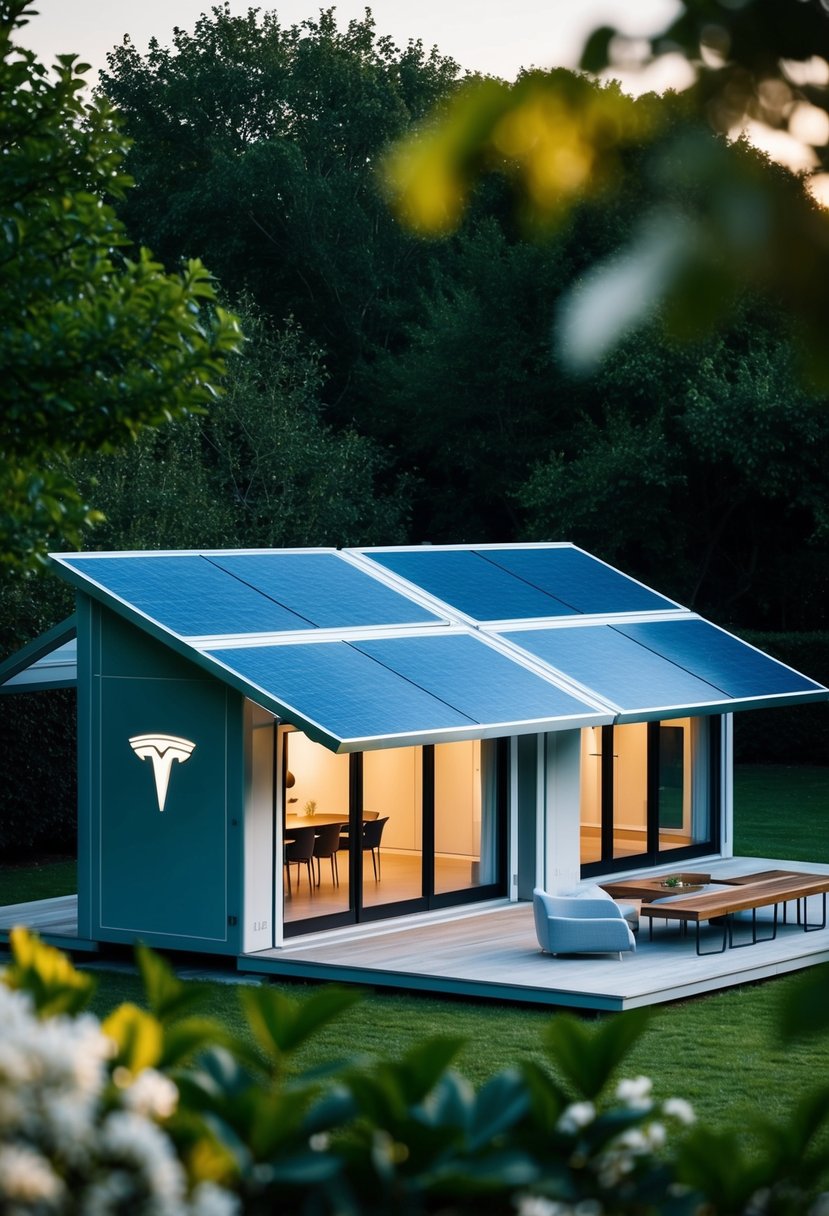 A sleek, futuristic foldable house with solar panels and a Tesla logo on the exterior. It is surrounded by lush greenery and features large windows and a spacious outdoor deck