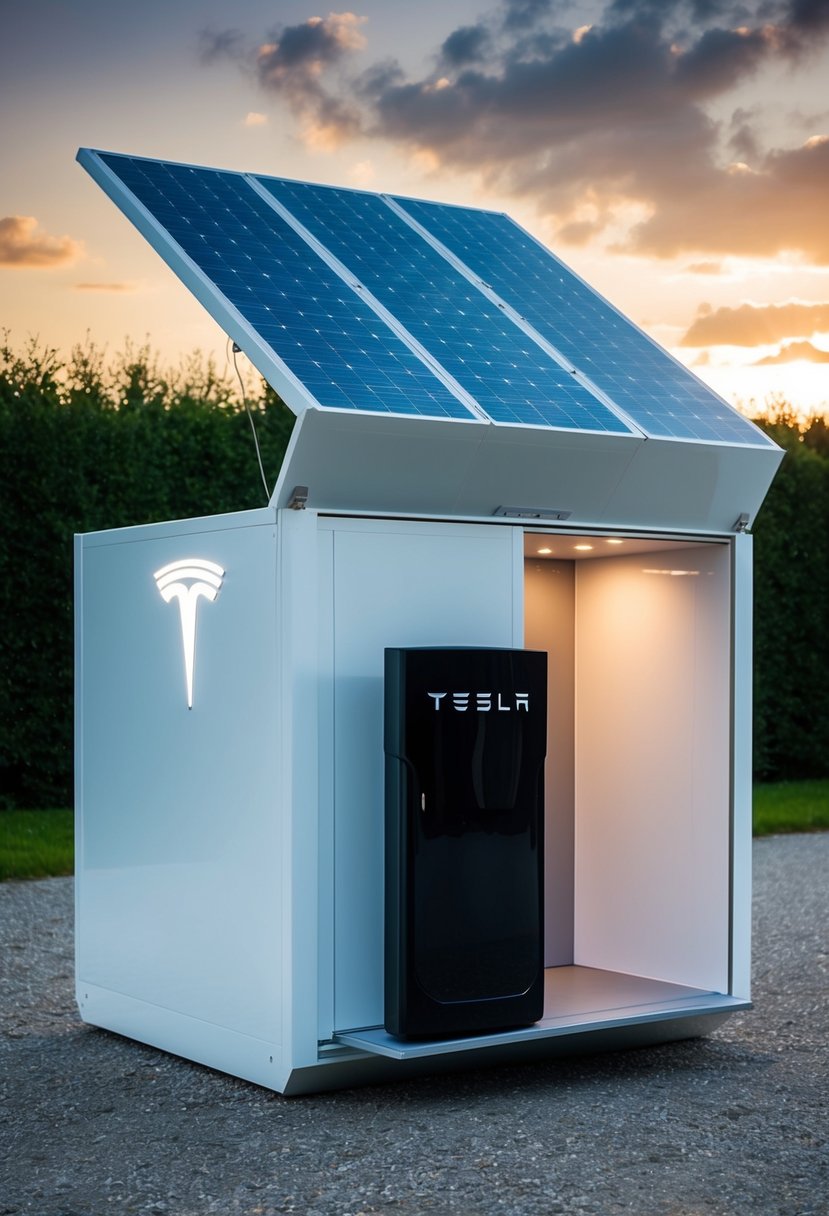 A Tesla Foldable House unfolds from a compact box, expanding into a sleek, modern structure with solar panels and Tesla Powerwall