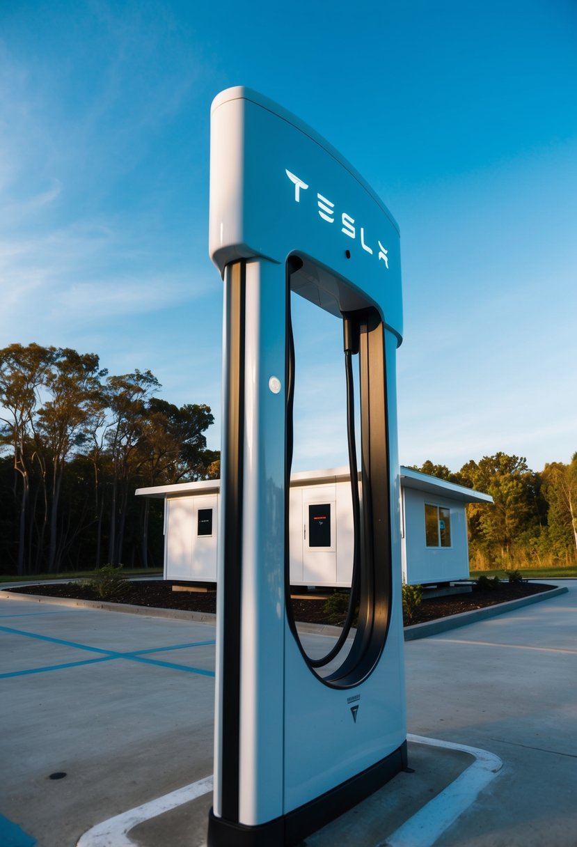 A Tesla charging station with a foldable house in the background, surrounded by trees and under a clear blue sky