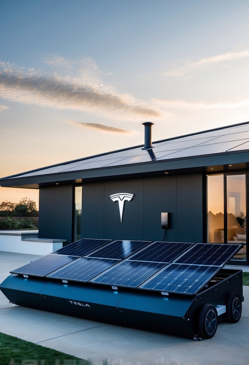 A sleek, modern house with Tesla solar panels on the roof and a Powerwall battery system integrated into the exterior. A foldable design allows for easy transportation and setup