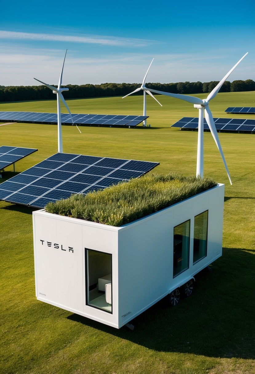 A Tesla foldable house sits on a grassy field, surrounded by solar panels and wind turbines. The house has a sleek, modern design with large windows and a living green roof