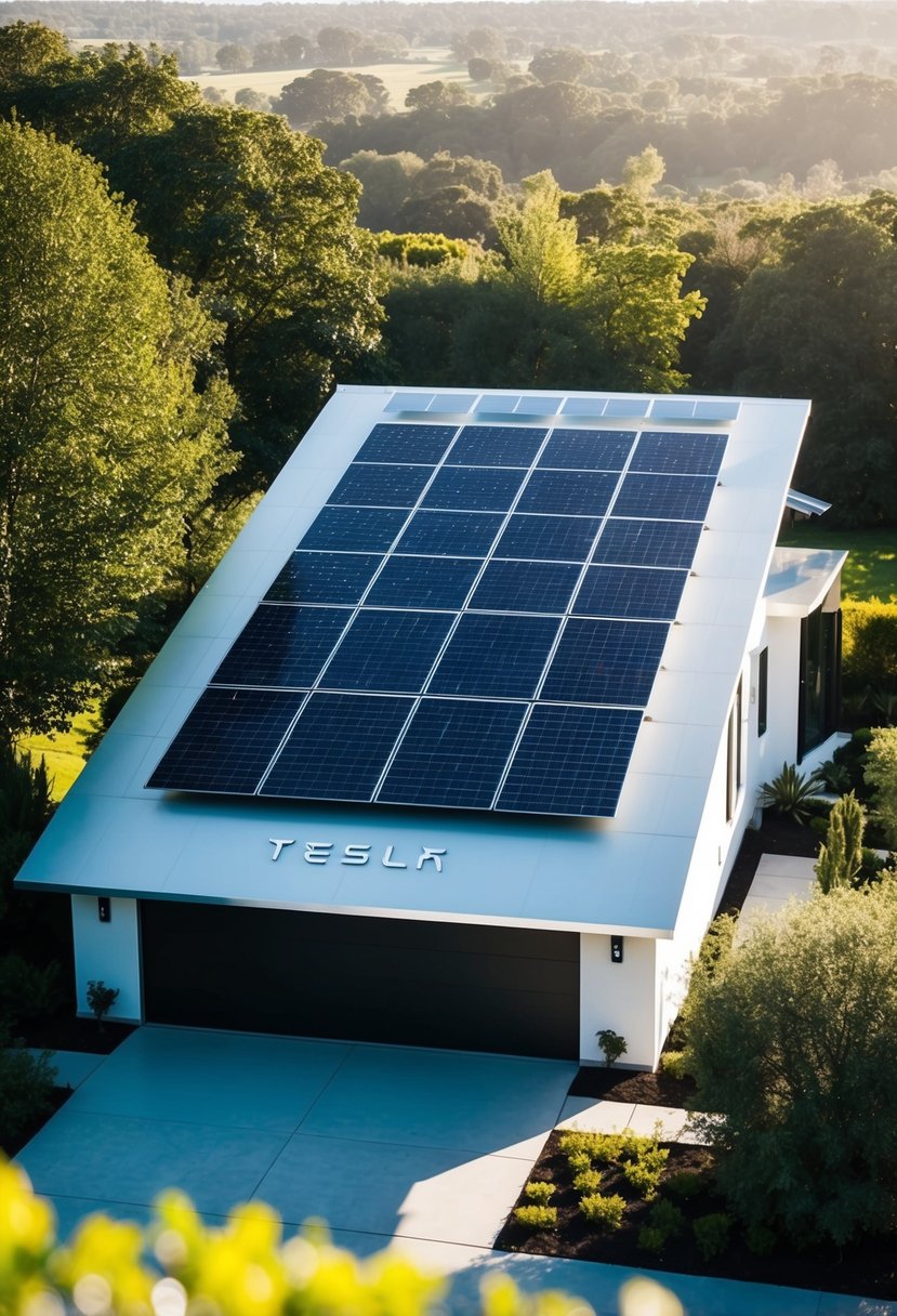 A sleek Tesla house with solar panels on the roof, surrounded by greenery and bathed in sunlight