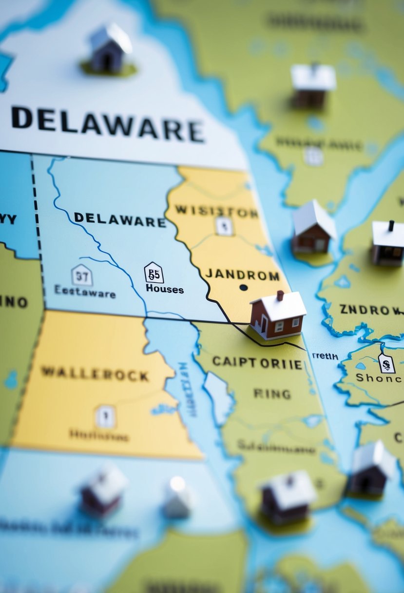 A map of Delaware with various county borders highlighted, and tiny houses scattered throughout the landscape, each labeled with a price tag