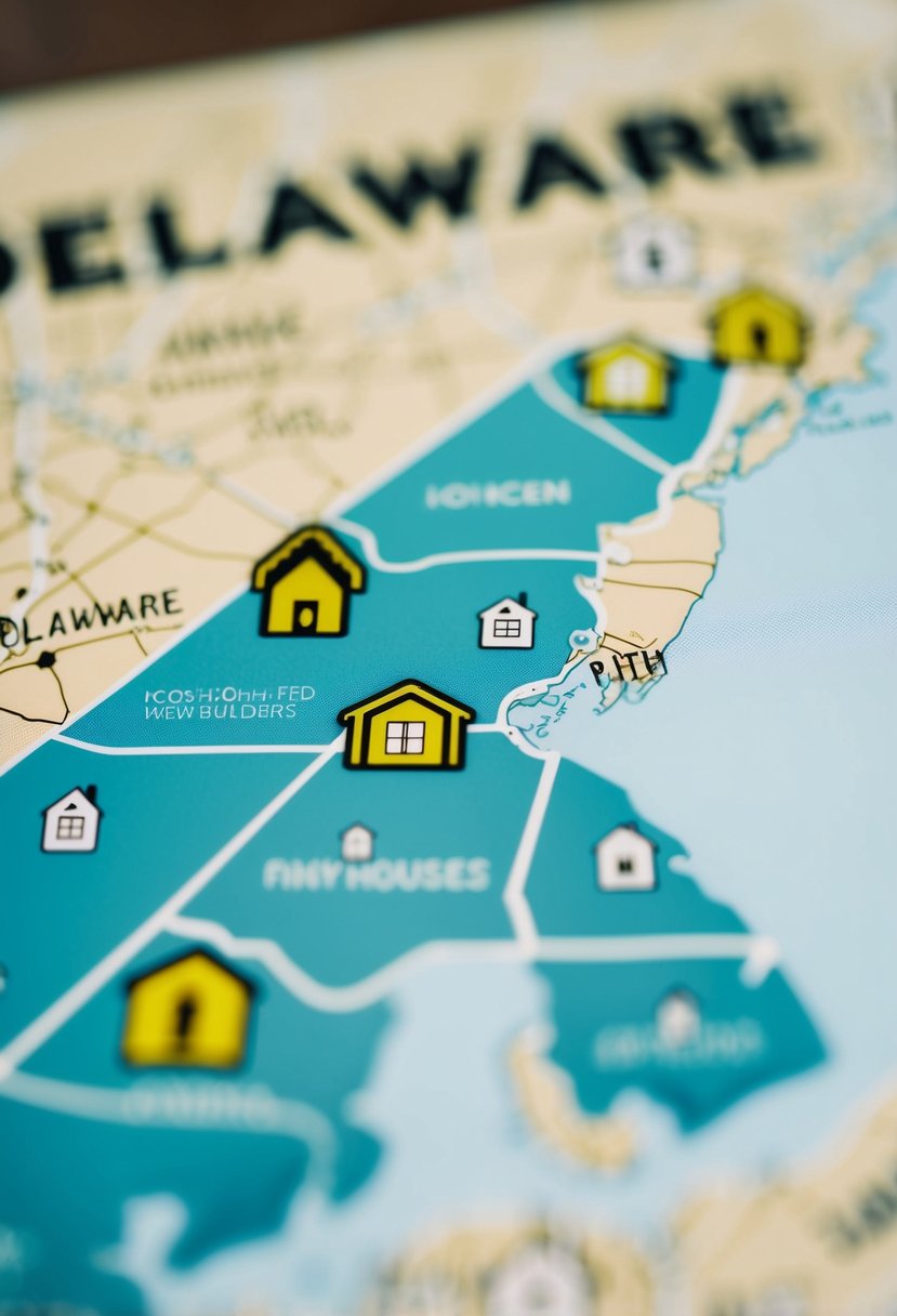 A map of Delaware with highlighted counties. Icons representing tiny houses and builders are scattered across the map