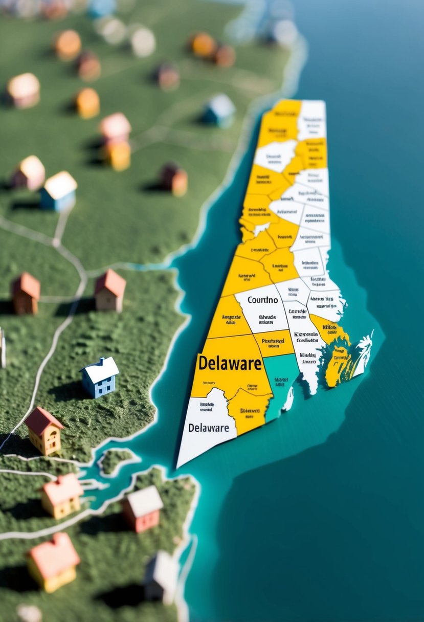 A map of Delaware with highlighted counties. Tiny houses are scattered across the landscape, showcasing the areas where they are permitted