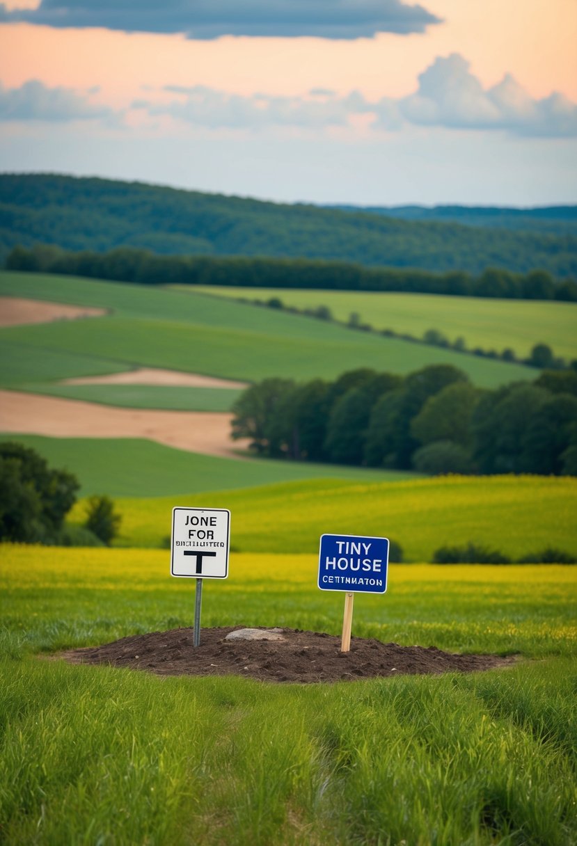 A serene countryside in Delaware, with rolling hills and open fields. A small, secluded plot of land with a sign indicating it is zoned for tiny house construction