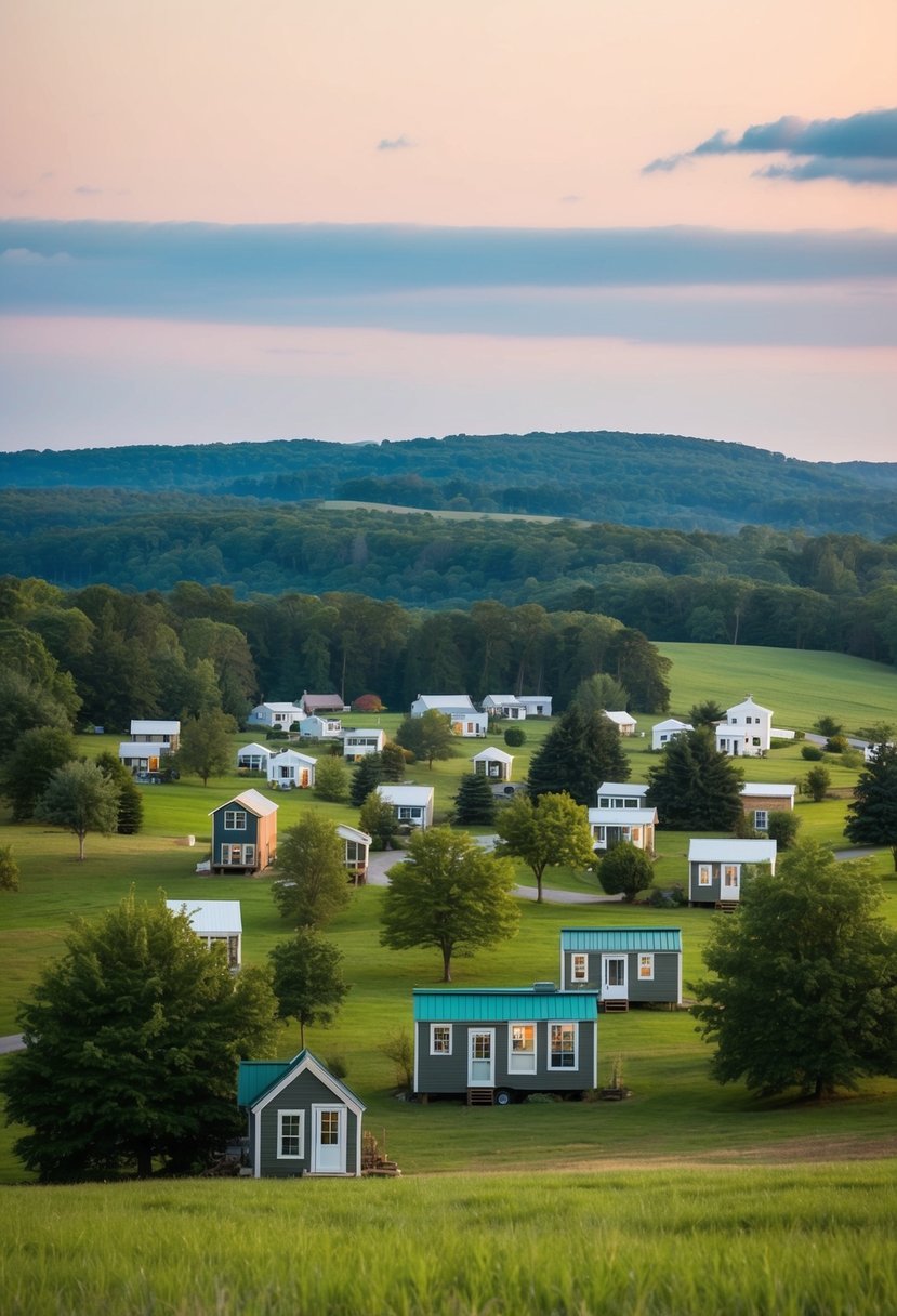 A serene rural landscape in Delaware, with clusters of tiny houses nestled among trees and rolling hills, showcasing the sense of community and connection in tiny house living